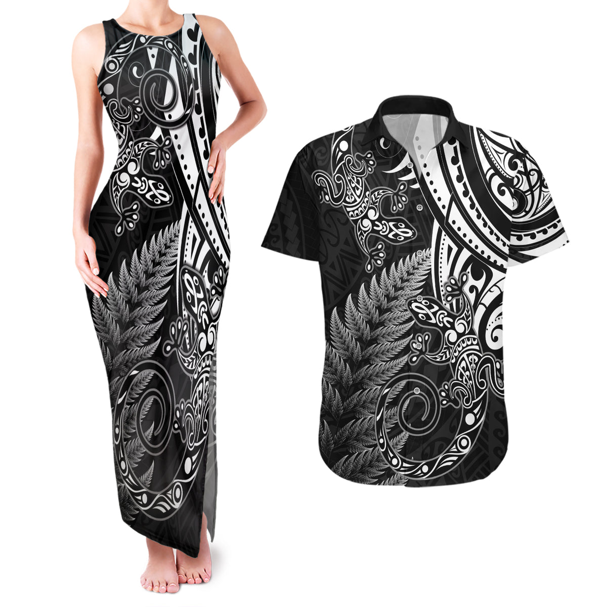New Zealand Lizard Couples Matching Tank Maxi Dress and Hawaiian Shirt Silver Fern Aotearoa Maori LT14 Black - Polynesian Pride