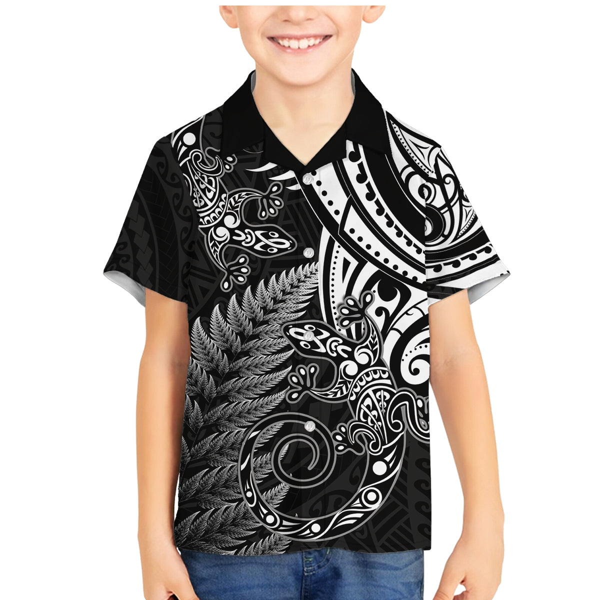 New Zealand Lizard Family Matching Mermaid Dress and Hawaiian Shirt Silver Fern Aotearoa Maori LT14 Son's Shirt Black - Polynesian Pride
