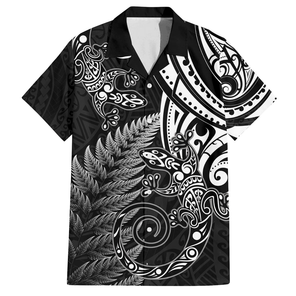 New Zealand Lizard Family Matching Off Shoulder Short Dress and Hawaiian Shirt Silver Fern Aotearoa Maori LT14 Dad's Shirt - Short Sleeve Black - Polynesian Pride