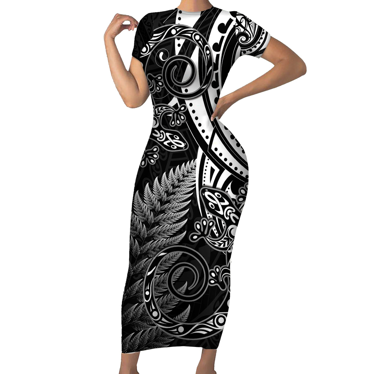 New Zealand Lizard Family Matching Short Sleeve Bodycon Dress and Hawaiian Shirt Silver Fern Aotearoa Maori LT14 Mom's Dress Black - Polynesian Pride
