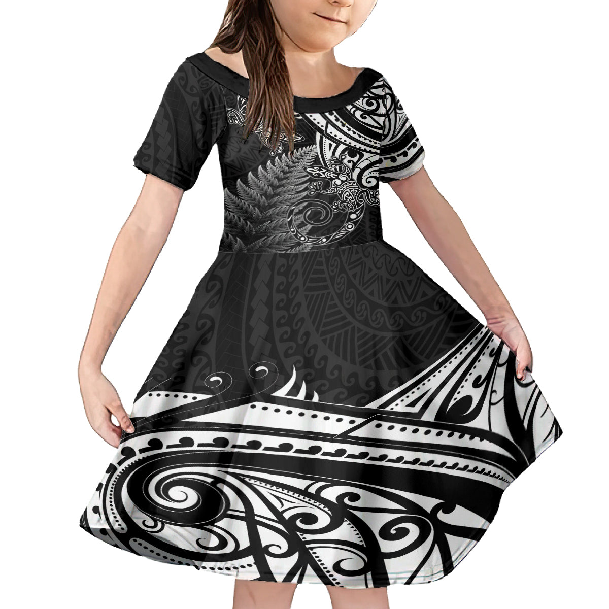 New Zealand Lizard Kid Short Sleeve Dress Silver Fern Aotearoa Maori LT14 KID Black - Polynesian Pride