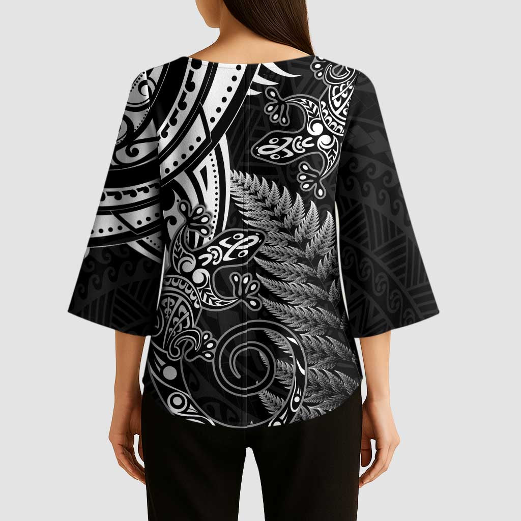 New Zealand Lizard Kimono Sleeve Blouse Silver Fern Aotearoa Maori - Polynesian Pride