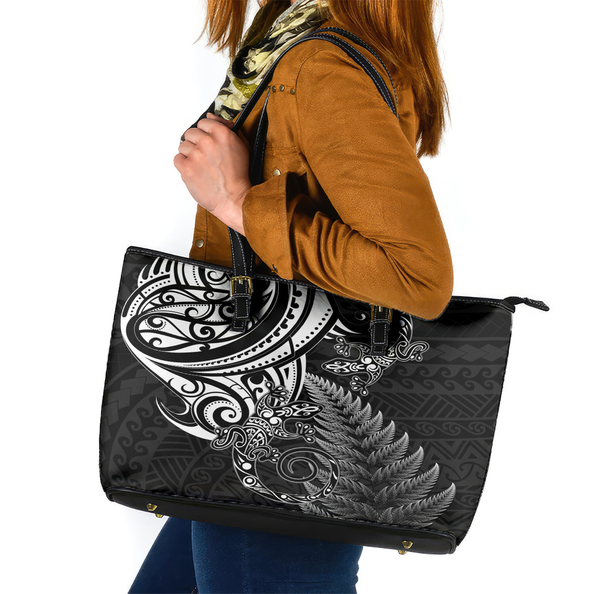 New Zealand Lizard Leather Tote Bag Silver Fern Aotearoa Maori