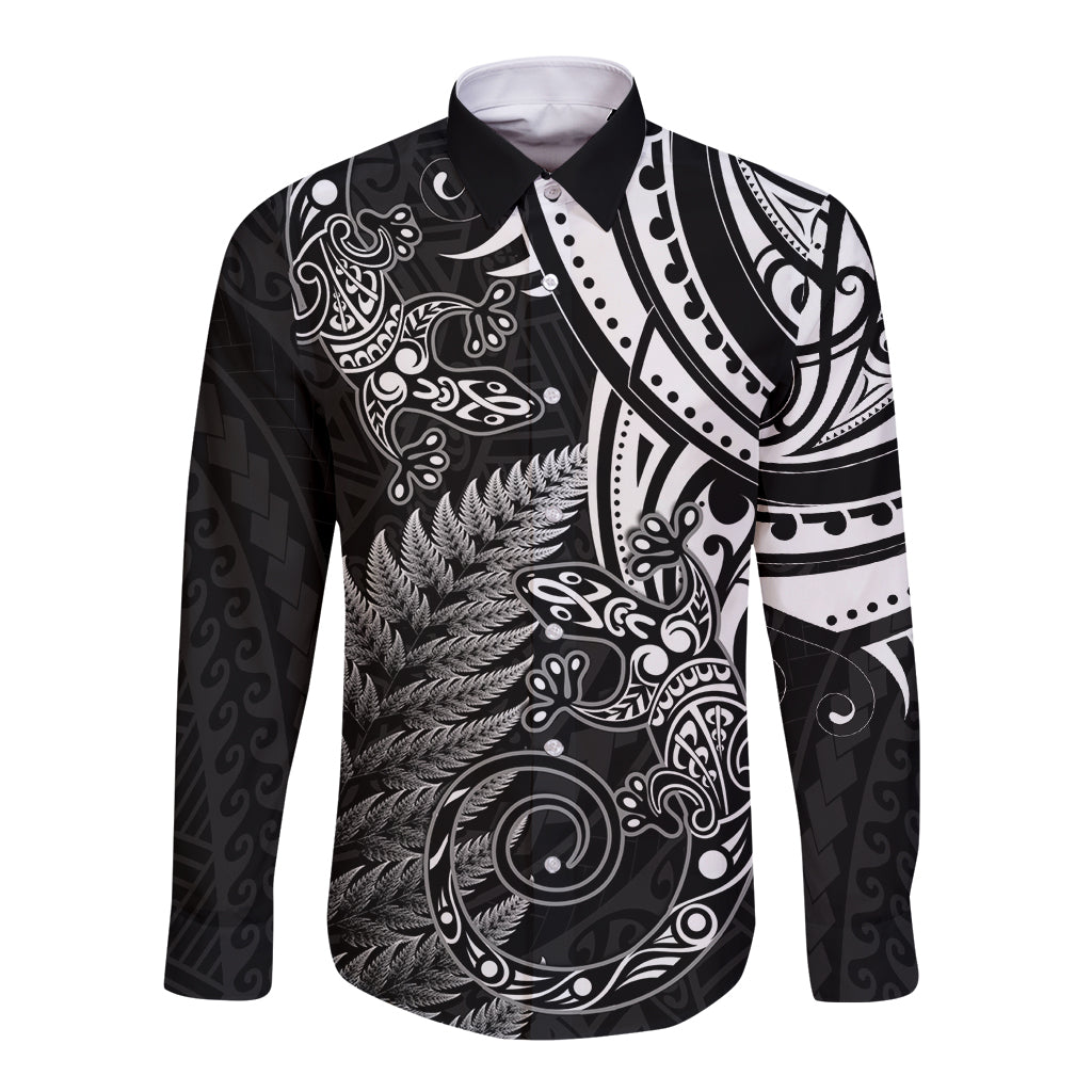 New Zealand Lizard Long Sleeve Button Shirt Silver Fern Aotearoa Maori LT14 Unisex Black - Polynesian Pride