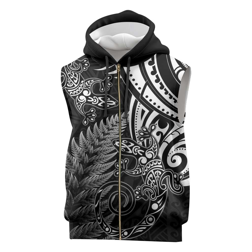 New Zealand Lizard Sleeveless Zip Hoodie Silver Fern Aotearoa Maori - Polynesian Pride