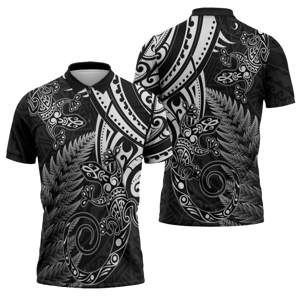 New Zealand Lizard Zipper Polo Shirt Silver Fern Aotearoa Maori - Polynesian Pride