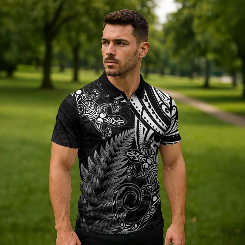 New Zealand Lizard Zipper Polo Shirt Silver Fern Aotearoa Maori - Polynesian Pride