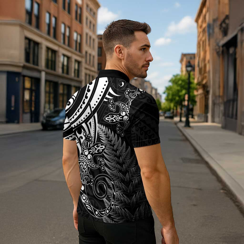 New Zealand Lizard Zipper Polo Shirt Silver Fern Aotearoa Maori - Polynesian Pride