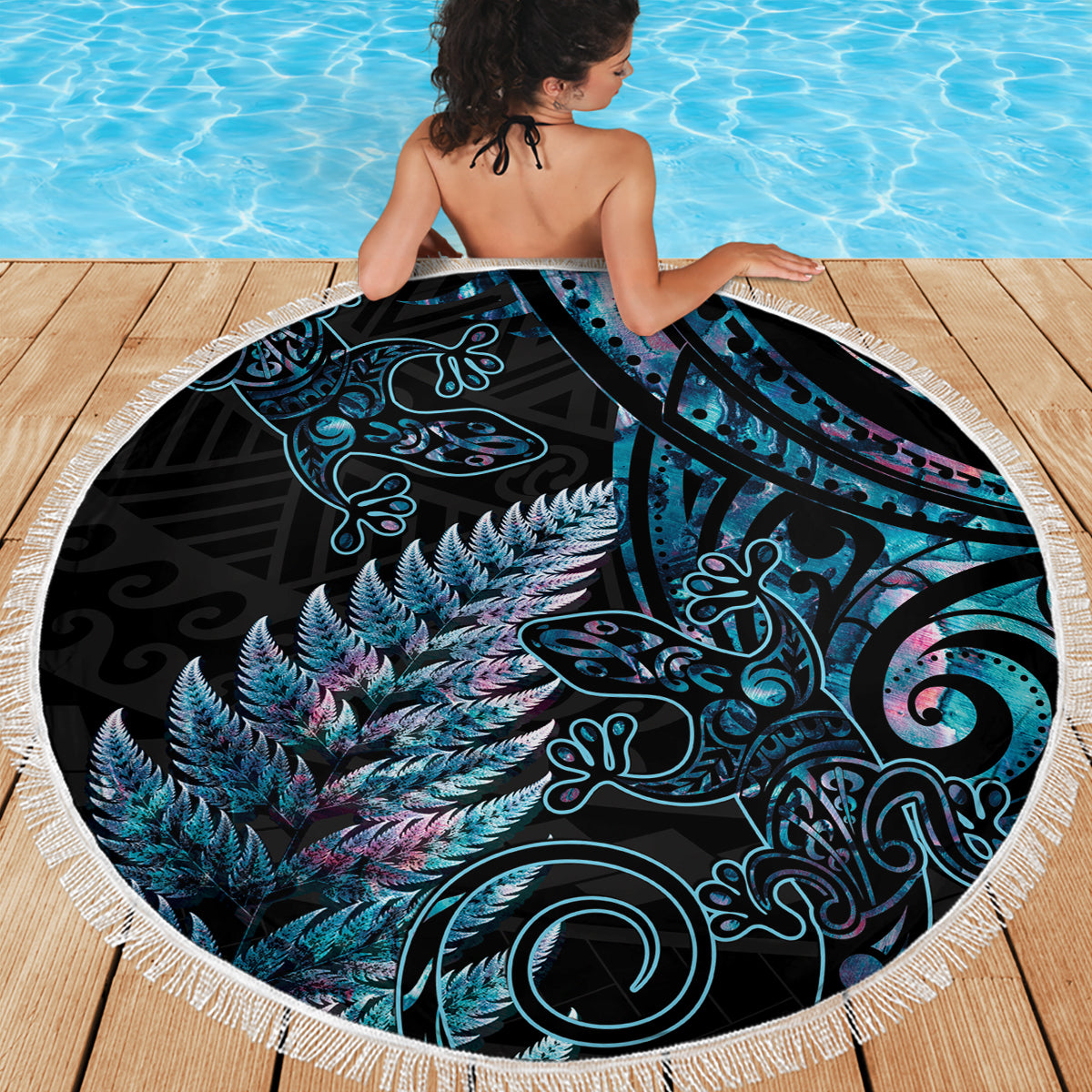 New Zealand Lizard Beach Blanket Silver Fern Aotearoa Maori With Paua Shell