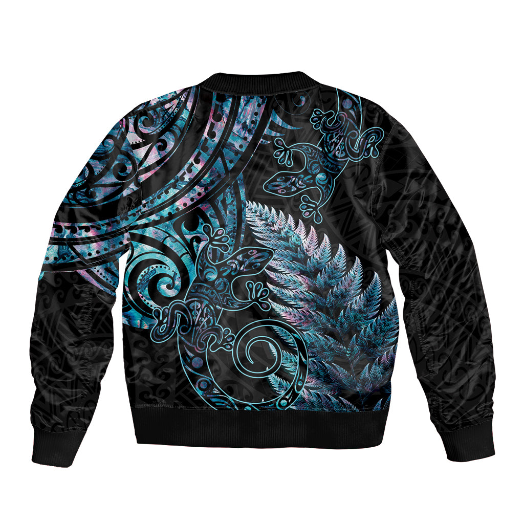 New Zealand Lizard Bomber Jacket Silver Fern Aotearoa Maori With Paua Shell LT14 - Polynesian Pride