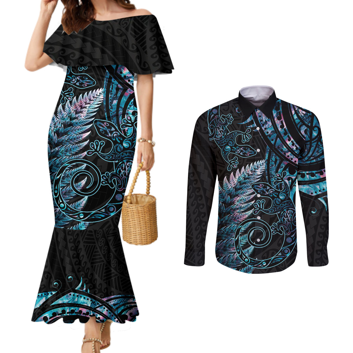 New Zealand Lizard Couples Matching Mermaid Dress and Long Sleeve Button Shirt Silver Fern Aotearoa Maori With Paua Shell LT14 Turquoise - Polynesian Pride