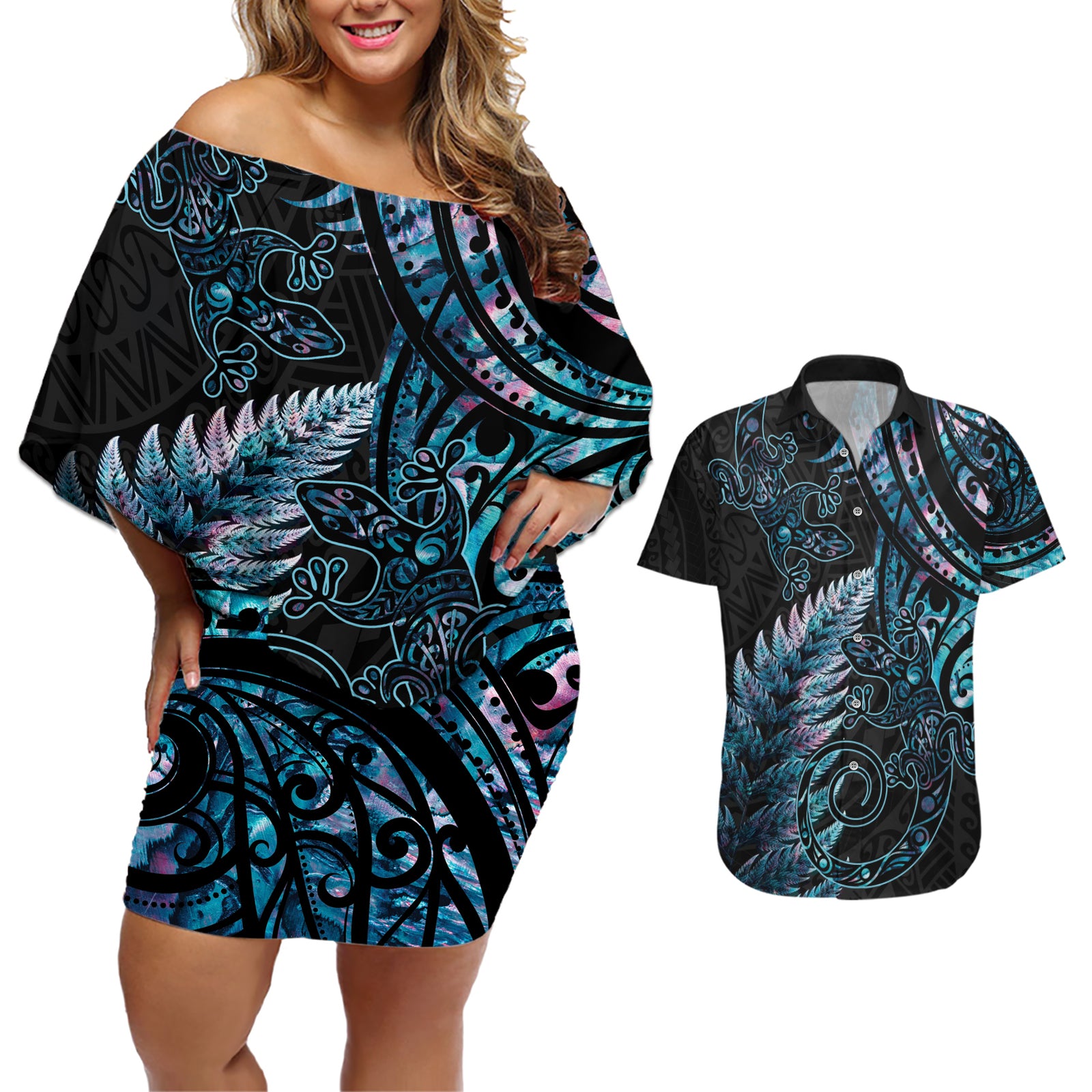 New Zealand Lizard Couples Matching Off Shoulder Short Dress and Hawaiian Shirt Silver Fern Aotearoa Maori With Paua Shell LT14 Turquoise - Polynesian Pride