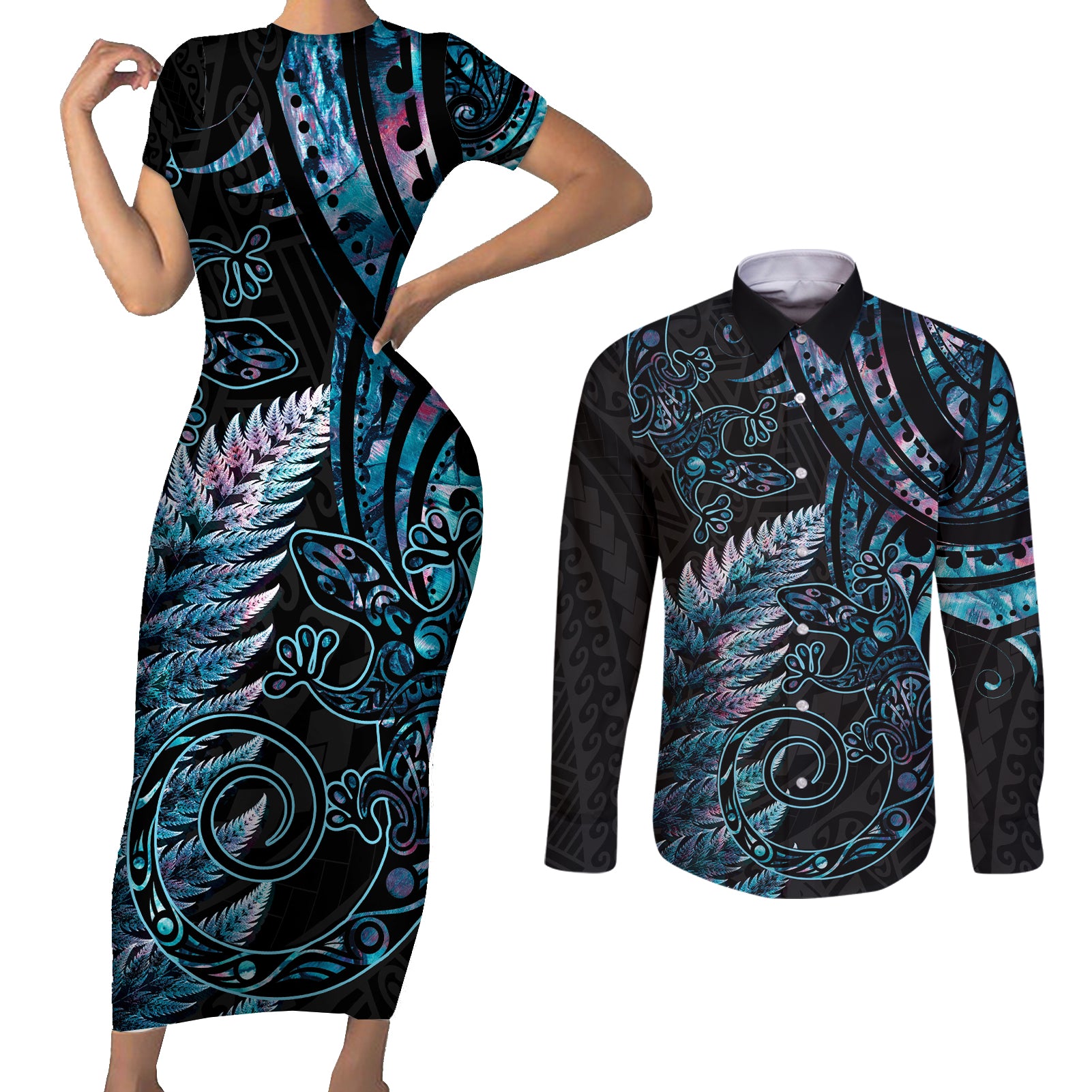 New Zealand Lizard Couples Matching Short Sleeve Bodycon Dress and Long Sleeve Button Shirt Silver Fern Aotearoa Maori With Paua Shell LT14 Turquoise - Polynesian Pride