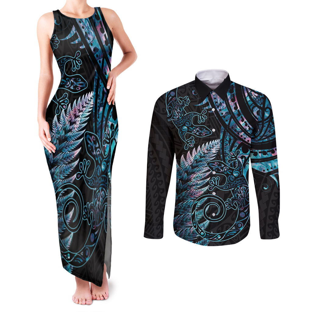 New Zealand Lizard Couples Matching Tank Maxi Dress and Long Sleeve Button Shirt Silver Fern Aotearoa Maori With Paua Shell LT14 Turquoise - Polynesian Pride