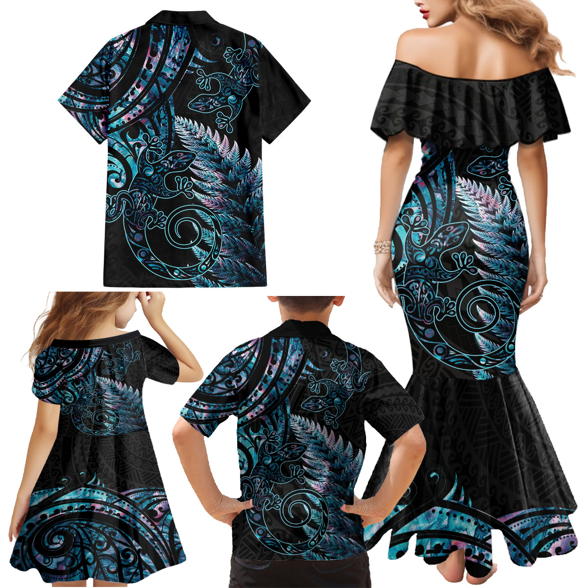 New Zealand Lizard Family Matching Mermaid Dress and Hawaiian Shirt Silver Fern Aotearoa Maori With Paua Shell LT14 - Polynesian Pride