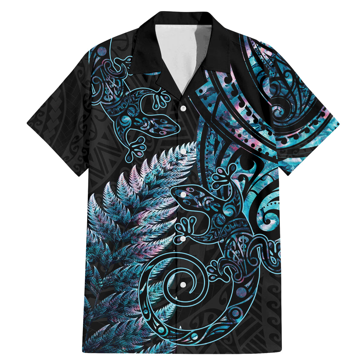New Zealand Lizard Family Matching Mermaid Dress and Hawaiian Shirt Silver Fern Aotearoa Maori With Paua Shell LT14 Dad's Shirt - Short Sleeve Turquoise - Polynesian Pride