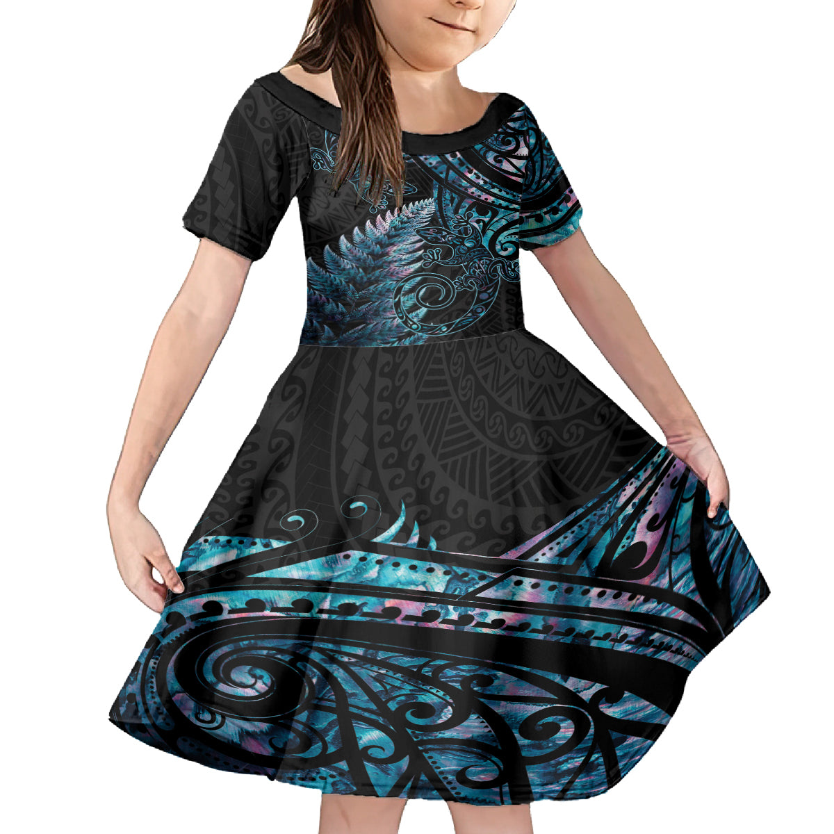 New Zealand Lizard Family Matching Off Shoulder Maxi Dress and Hawaiian Shirt Silver Fern Aotearoa Maori With Paua Shell LT14 Daughter's Dress Turquoise - Polynesian Pride