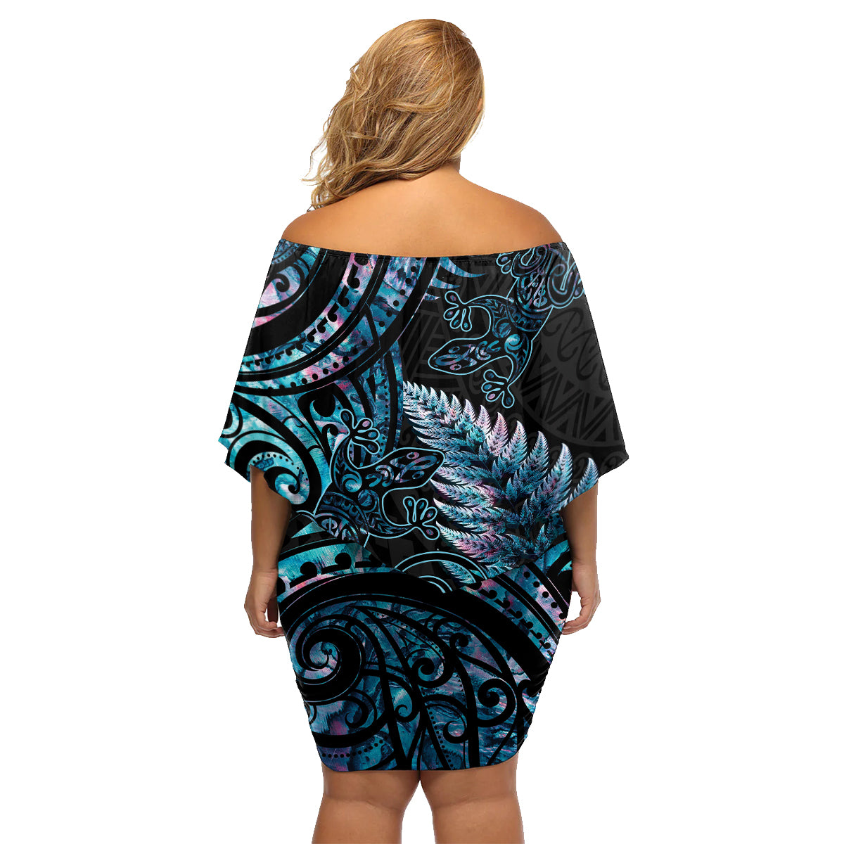 New Zealand Lizard Family Matching Off Shoulder Short Dress and Hawaiian Shirt Silver Fern Aotearoa Maori With Paua Shell LT14 - Polynesian Pride