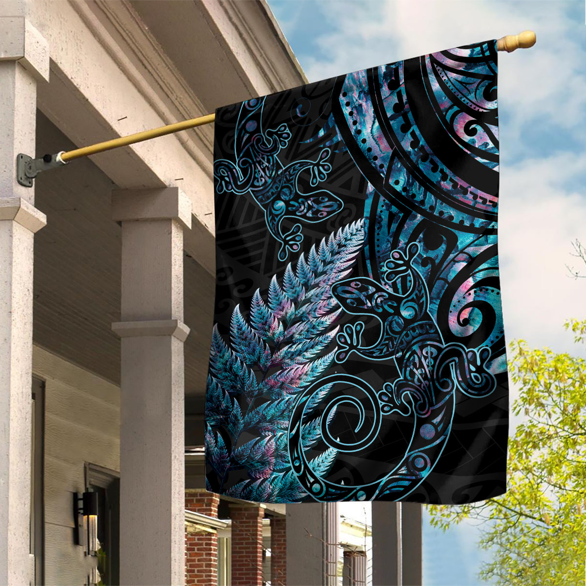 New Zealand Lizard Garden Flag Silver Fern Aotearoa Maori With Paua Shell
