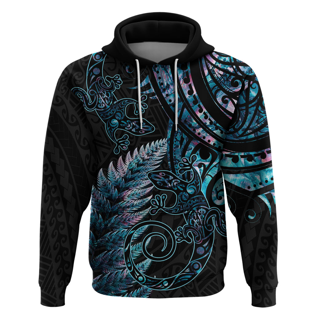 New Zealand Lizard Hoodie Silver Fern Aotearoa Maori With Paua Shell LT14 Pullover Hoodie Turquoise - Polynesian Pride