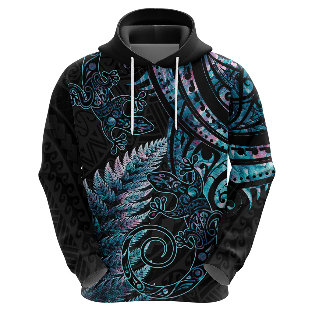 New Zealand Lizard Hoodie Silver Fern Aotearoa Maori With Paua Shell LT14 - Polynesian Pride