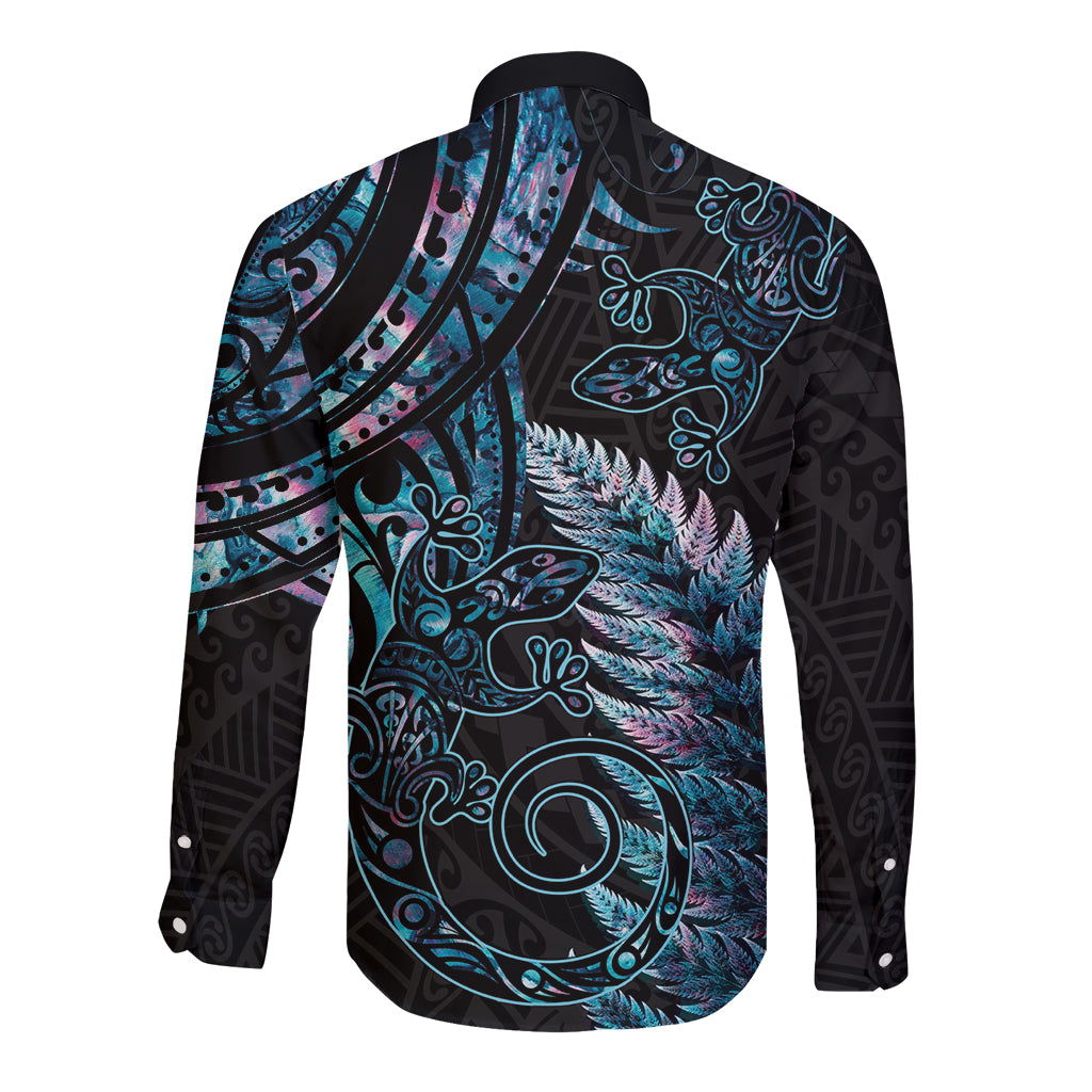 New Zealand Lizard Long Sleeve Button Shirt Silver Fern Aotearoa Maori With Paua Shell LT14 - Polynesian Pride