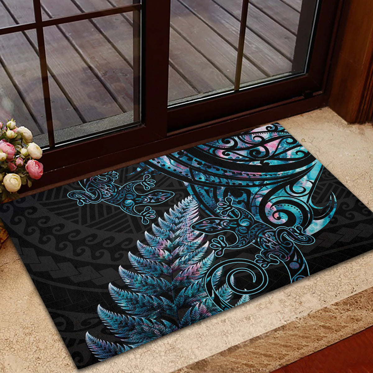 New Zealand Lizard Rubber Doormat Silver Fern Aotearoa Maori With Paua Shell