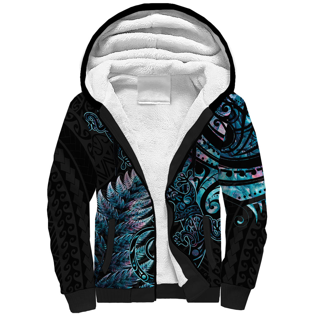 New Zealand Lizard Sherpa Hoodie Silver Fern Aotearoa Maori With Paua Shell LT14 Unisex Turquoise - Polynesian Pride