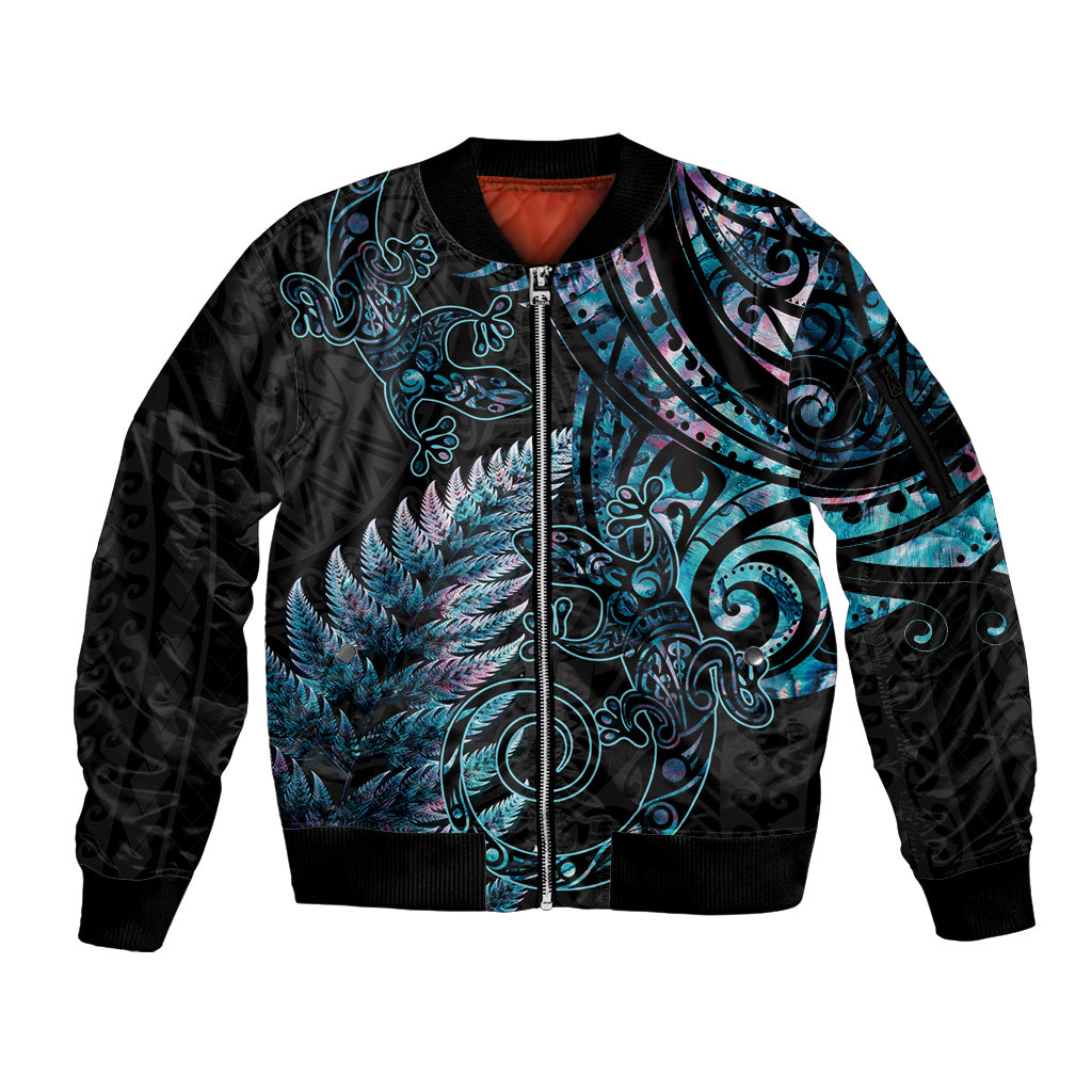New Zealand Lizard Sleeve Zip Bomber Jacket Silver Fern Aotearoa Maori With Paua Shell LT14 Unisex Turquoise - Polynesian Pride