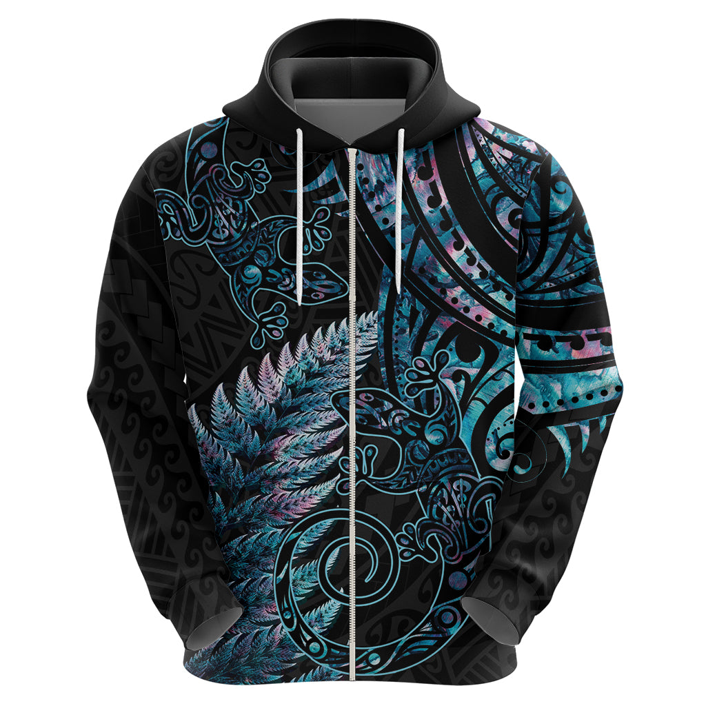 New Zealand Lizard Zip Hoodie Silver Fern Aotearoa Maori With Paua Shell LT14 - Polynesian Pride