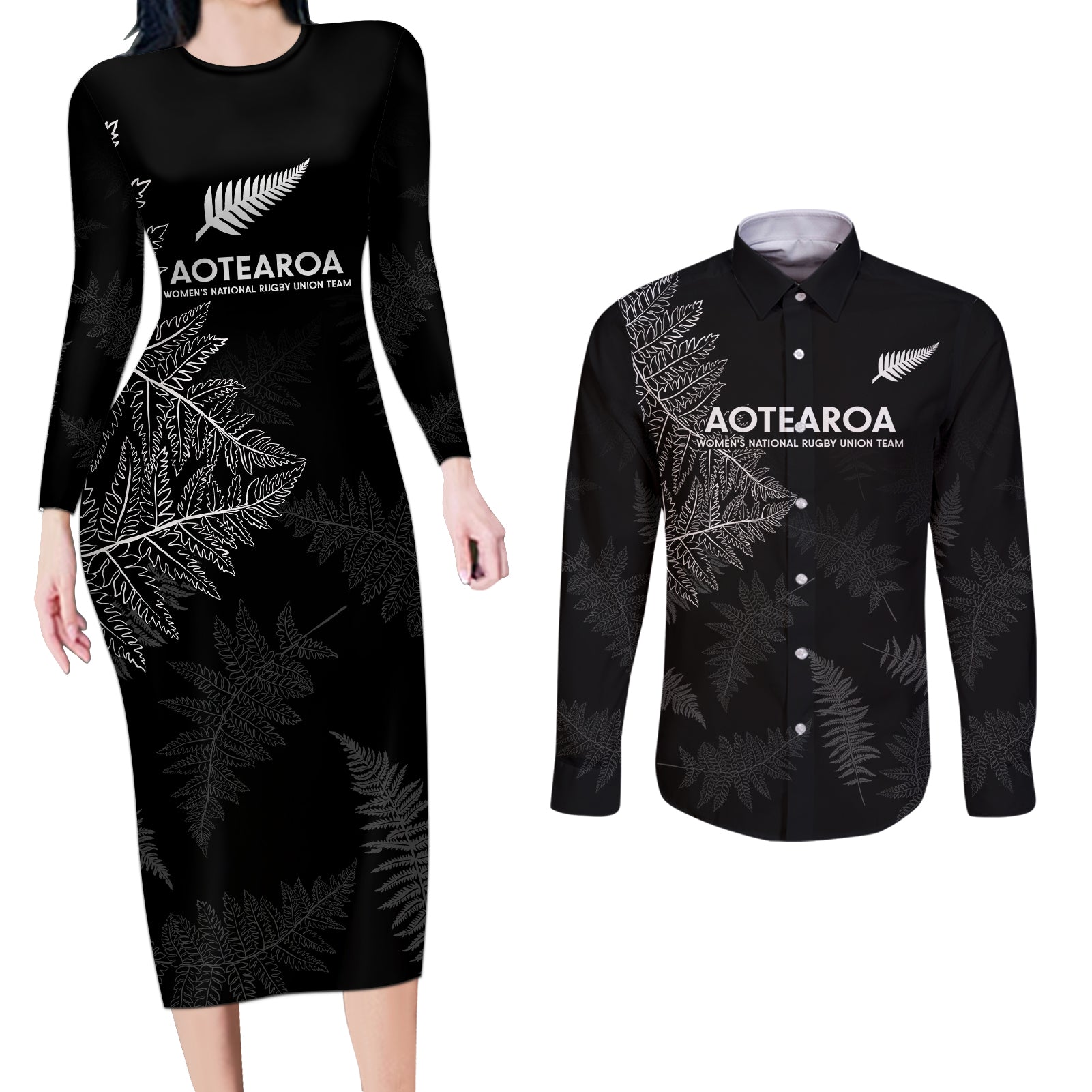 New Zealand Haka Rugby Couples Matching Long Sleeve Bodycon Dress and Long Sleeve Button Shirt 2024 Pacific Go Black Silver Fern LT14 Black - Polynesian Pride