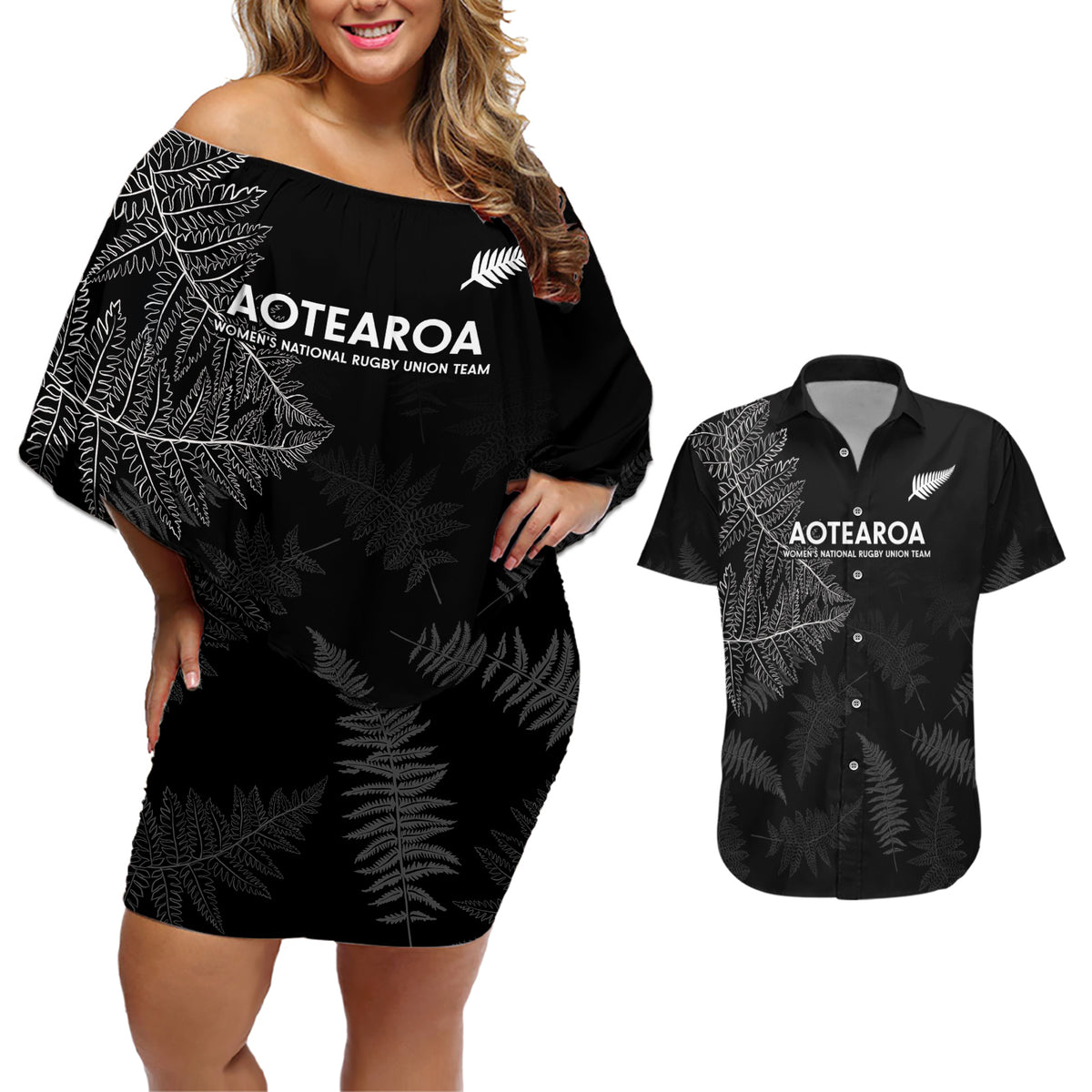 New Zealand Haka Rugby Couples Matching Off Shoulder Short Dress and Hawaiian Shirt 2024 Pacific Go Black Silver Fern LT14 Black - Polynesian Pride
