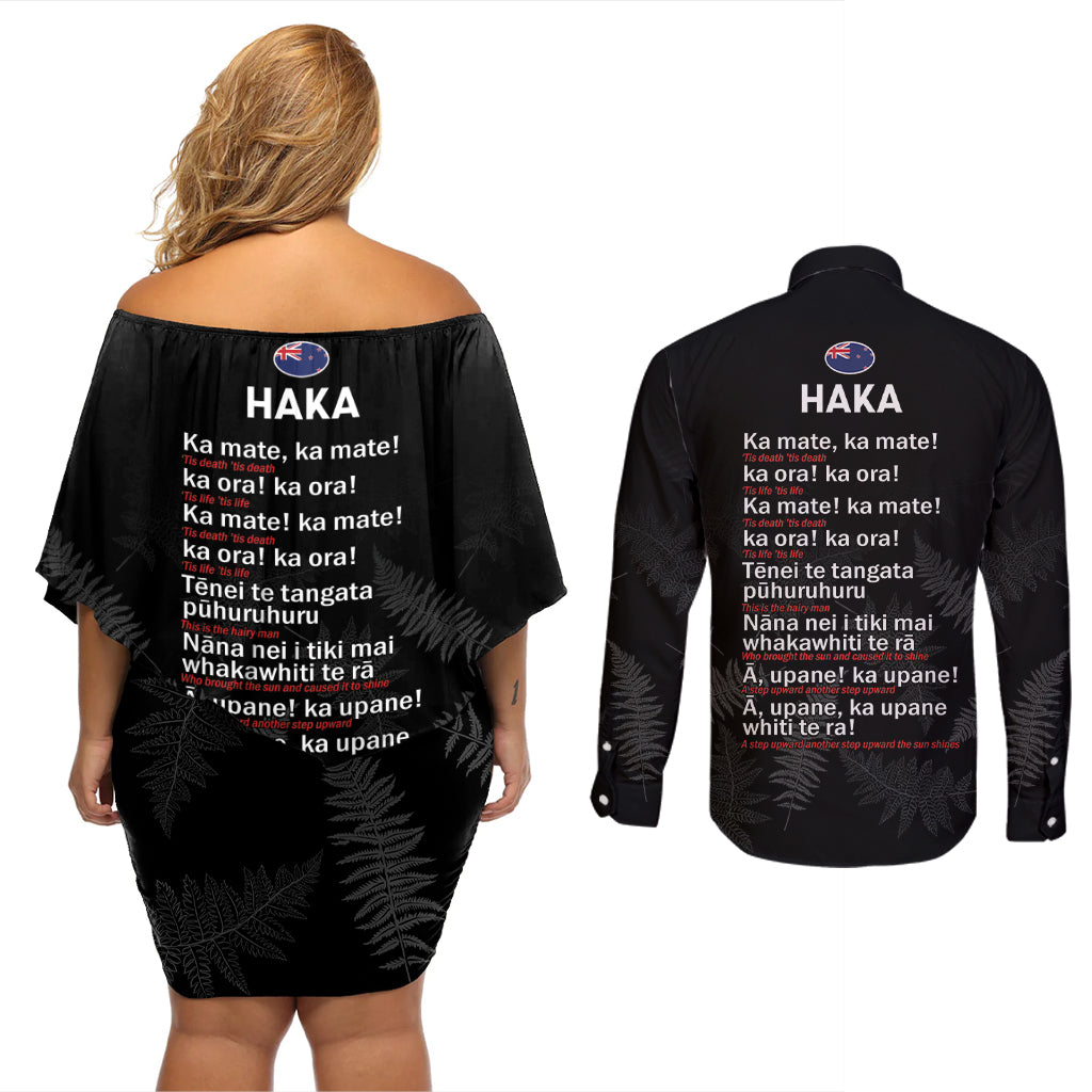 New Zealand Haka Rugby Couples Matching Off Shoulder Short Dress and Long Sleeve Button Shirt 2024 Pacific Go Black Silver Fern LT14 - Polynesian Pride