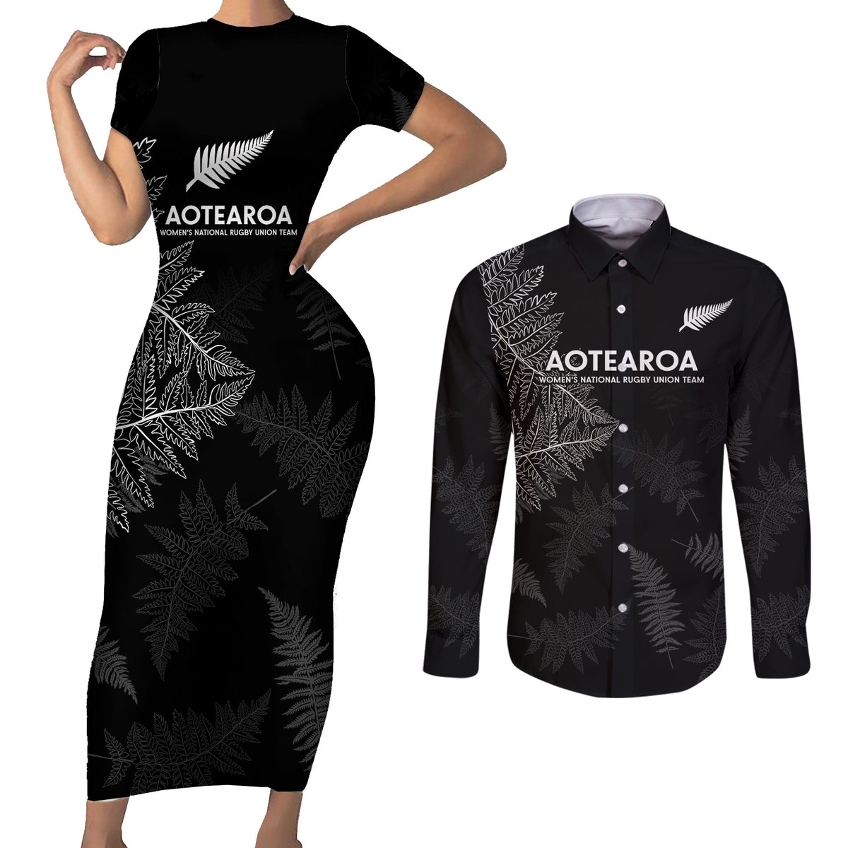 New Zealand Haka Rugby Couples Matching Short Sleeve Bodycon Dress and Long Sleeve Button Shirt 2024 Pacific Go Black Silver Fern LT14 Black - Polynesian Pride