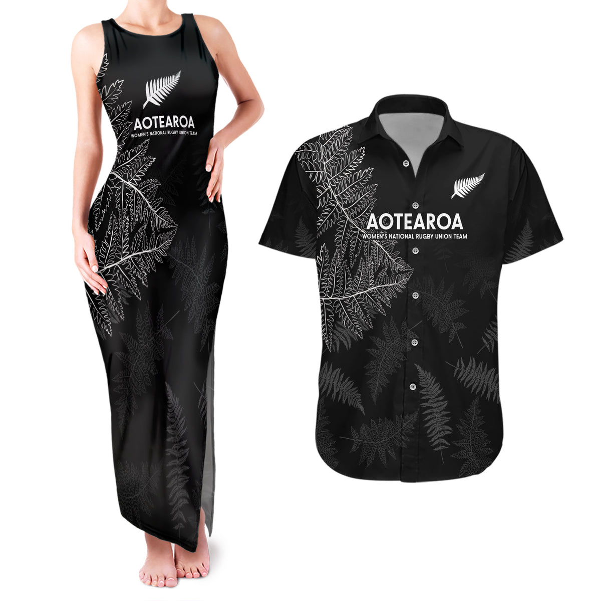 New Zealand Haka Rugby Couples Matching Tank Maxi Dress and Hawaiian Shirt 2024 Pacific Go Black Silver Fern LT14 Black - Polynesian Pride