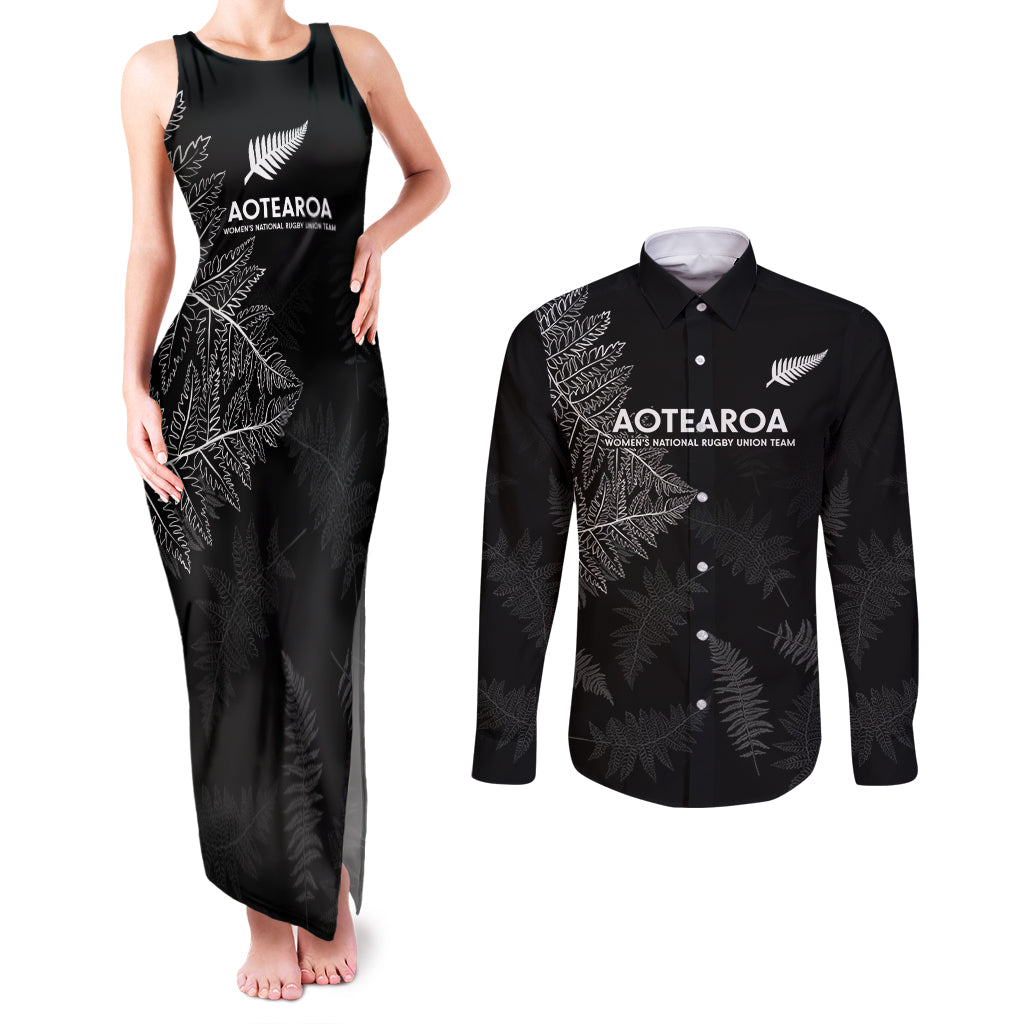 New Zealand Haka Rugby Couples Matching Tank Maxi Dress and Long Sleeve Button Shirt 2024 Pacific Go Black Silver Fern LT14 Black - Polynesian Pride