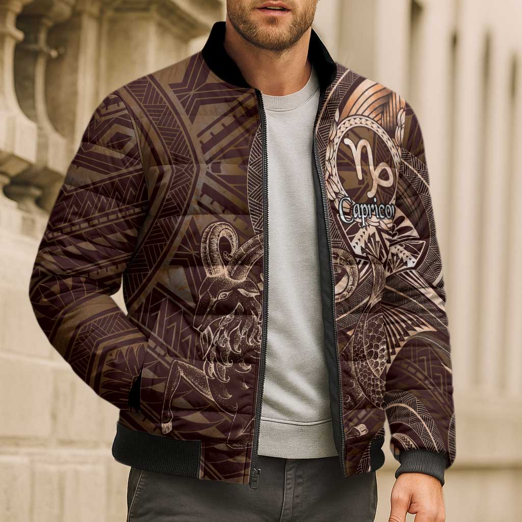 Personalised Polynesia Zodiac Capricorn Bomber Puffer Jacket Galaxy Polynesian Pattern Chest Tattoo Style