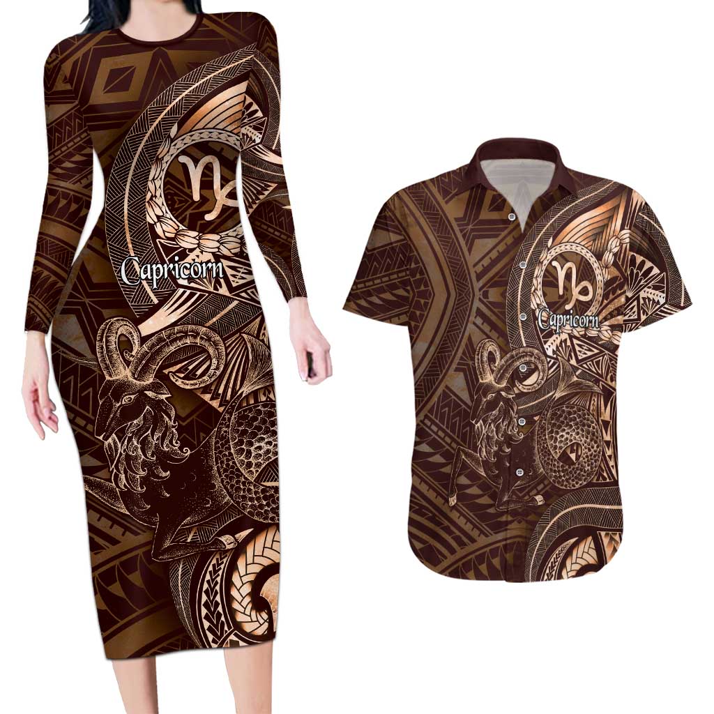Personalised Polynesia Zodiac Capricorn Couples Matching Long Sleeve Bodycon Dress and Hawaiian Shirt Galaxy Polynesian Pattern Chest Tattoo Style