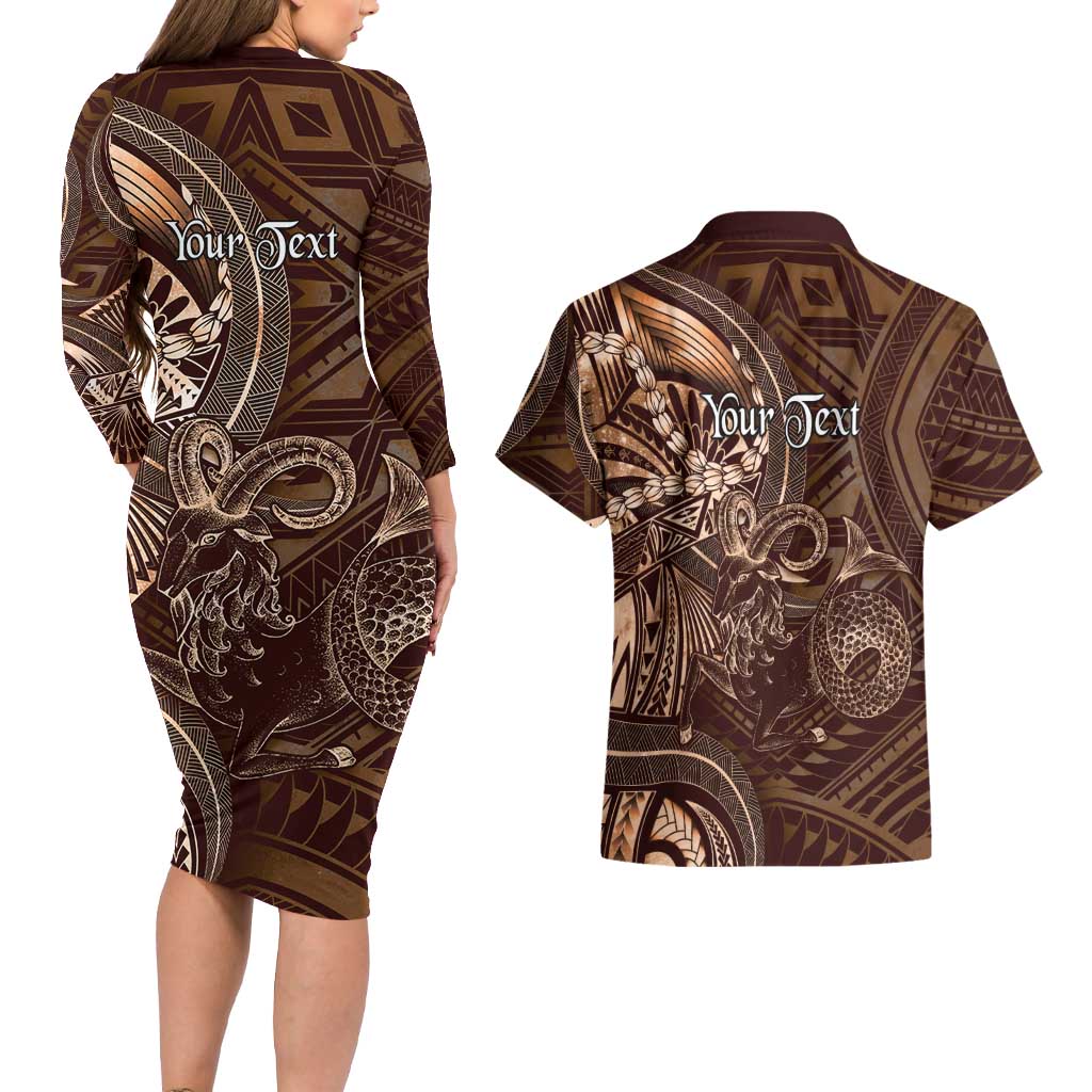 Personalised Polynesia Zodiac Capricorn Couples Matching Long Sleeve Bodycon Dress and Hawaiian Shirt Galaxy Polynesian Pattern Chest Tattoo Style
