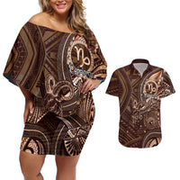 Personalised Polynesia Zodiac Capricorn Couples Matching Off Shoulder Short Dress and Hawaiian Shirt Galaxy Polynesian Pattern Chest Tattoo Style