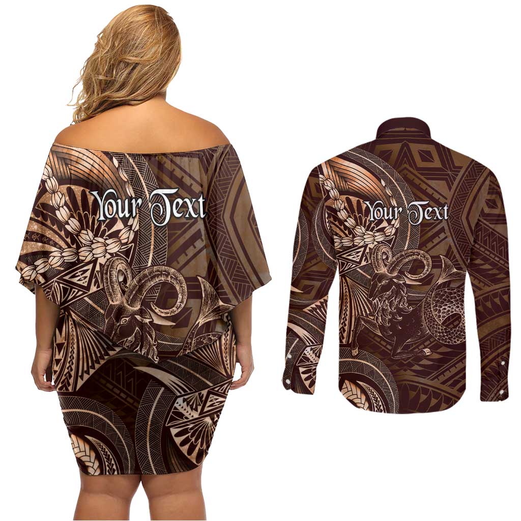 Personalised Polynesia Zodiac Capricorn Couples Matching Off Shoulder Short Dress and Long Sleeve Button Shirt Galaxy Polynesian Pattern Chest Tattoo Style
