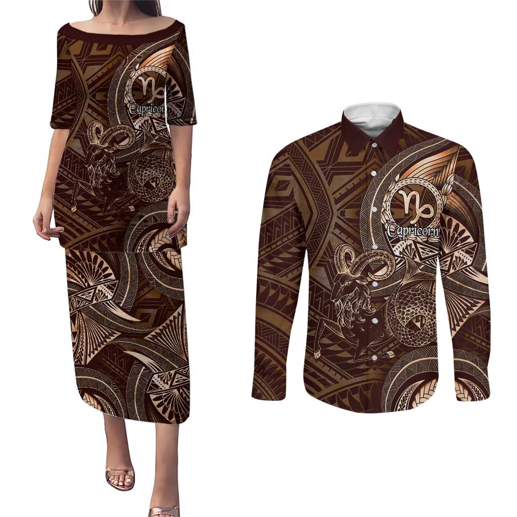 Personalised Polynesia Zodiac Capricorn Couples Matching Puletasi and Long Sleeve Button Shirt Galaxy Polynesian Pattern Chest Tattoo Style