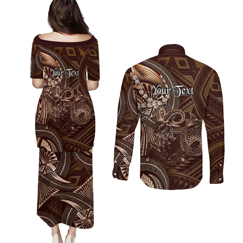 Personalised Polynesia Zodiac Capricorn Couples Matching Puletasi and Long Sleeve Button Shirt Galaxy Polynesian Pattern Chest Tattoo Style