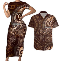 Personalised Polynesia Zodiac Capricorn Couples Matching Short Sleeve Bodycon Dress and Hawaiian Shirt Galaxy Polynesian Pattern Chest Tattoo Style