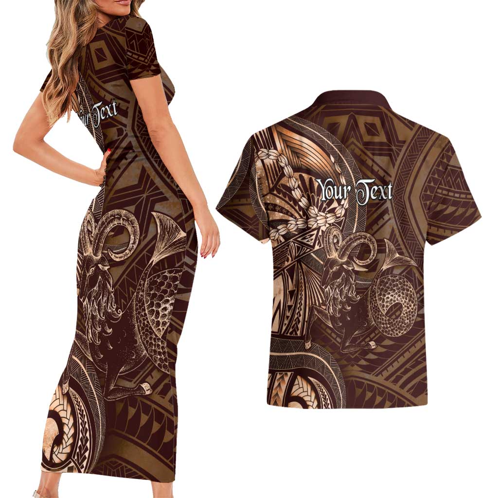 Personalised Polynesia Zodiac Capricorn Couples Matching Short Sleeve Bodycon Dress and Hawaiian Shirt Galaxy Polynesian Pattern Chest Tattoo Style
