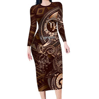 Personalised Polynesia Zodiac Capricorn Family Matching Long Sleeve Bodycon Dress and Hawaiian Shirt Galaxy Polynesian Pattern Chest Tattoo Style LT14 Mom's Dress Brown - Polynesian Pride