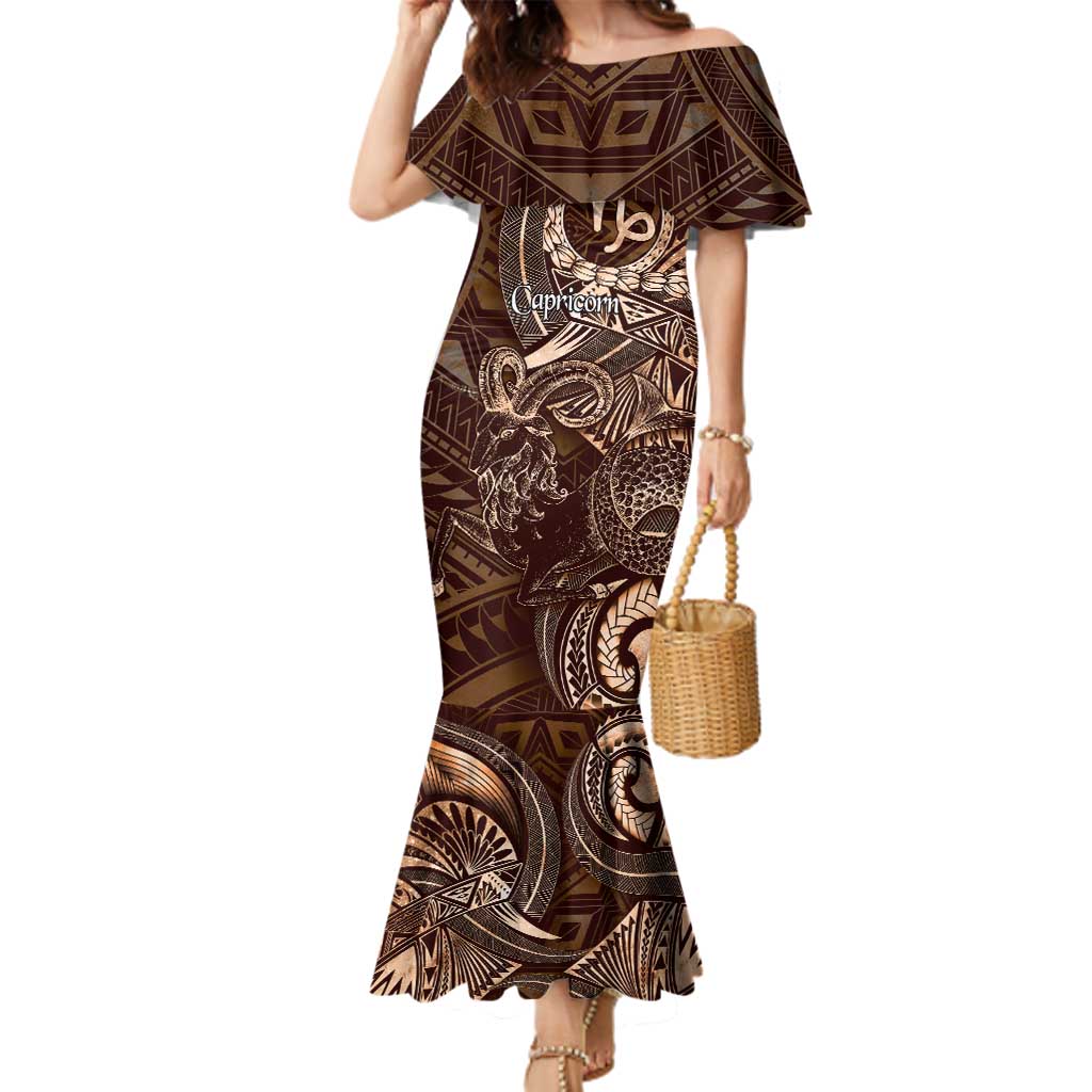 Personalised Polynesia Zodiac Capricorn Family Matching Mermaid Dress and Hawaiian Shirt Galaxy Polynesian Pattern Chest Tattoo Style