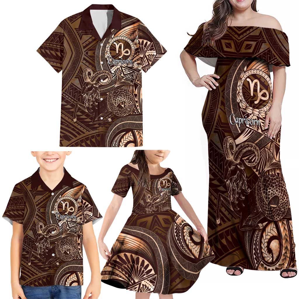 Personalised Polynesia Zodiac Capricorn Family Matching Off Shoulder Maxi Dress and Hawaiian Shirt Galaxy Polynesian Pattern Chest Tattoo Style