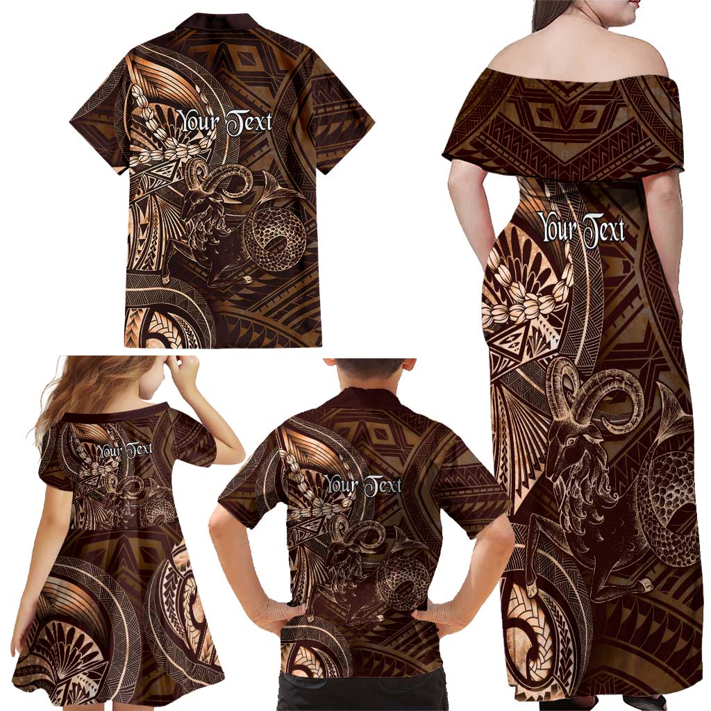 Personalised Polynesia Zodiac Capricorn Family Matching Off Shoulder Maxi Dress and Hawaiian Shirt Galaxy Polynesian Pattern Chest Tattoo Style