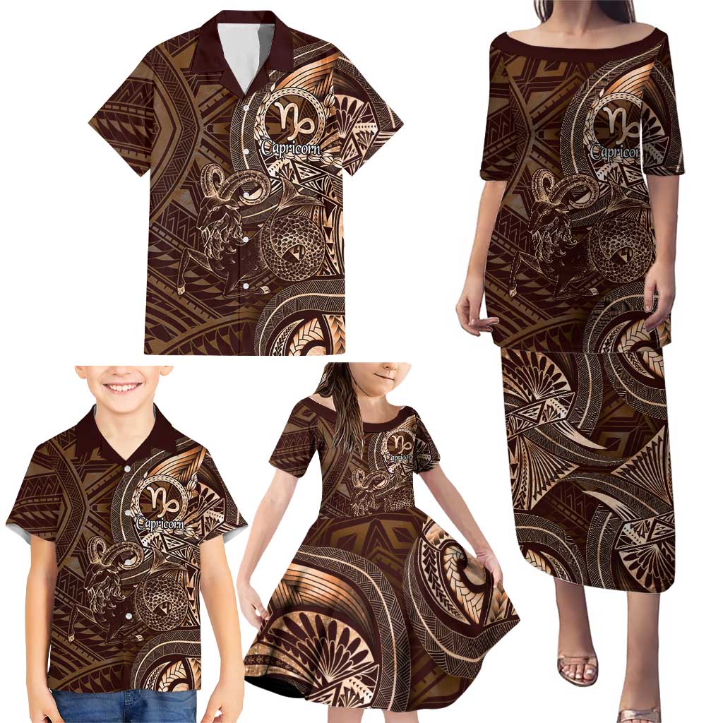Personalised Polynesia Zodiac Capricorn Family Matching Puletasi and Hawaiian Shirt Galaxy Polynesian Pattern Chest Tattoo Style